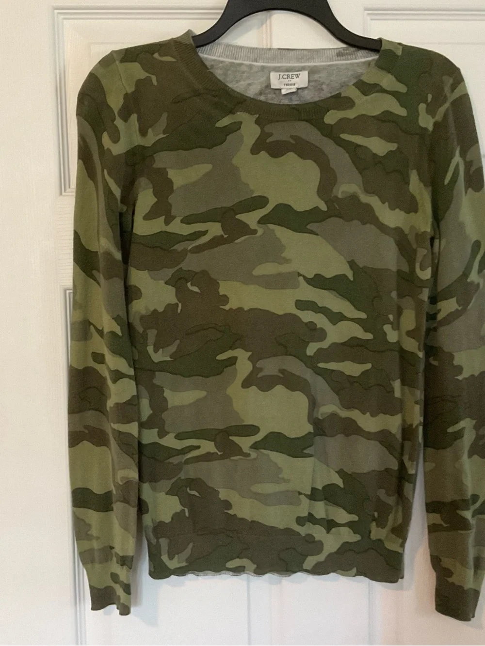 J.Crew Women’s Olive Green Camo Crewneck Teddie Sweater